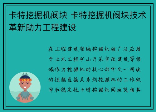 卡特挖掘机阀块 卡特挖掘机阀块技术革新助力工程建设